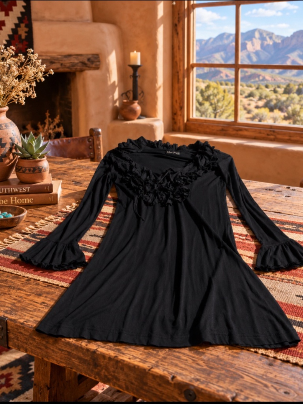 Union of Angels Black Ruffle Dress M Never Worn Bell Sleeve Boho Made USA